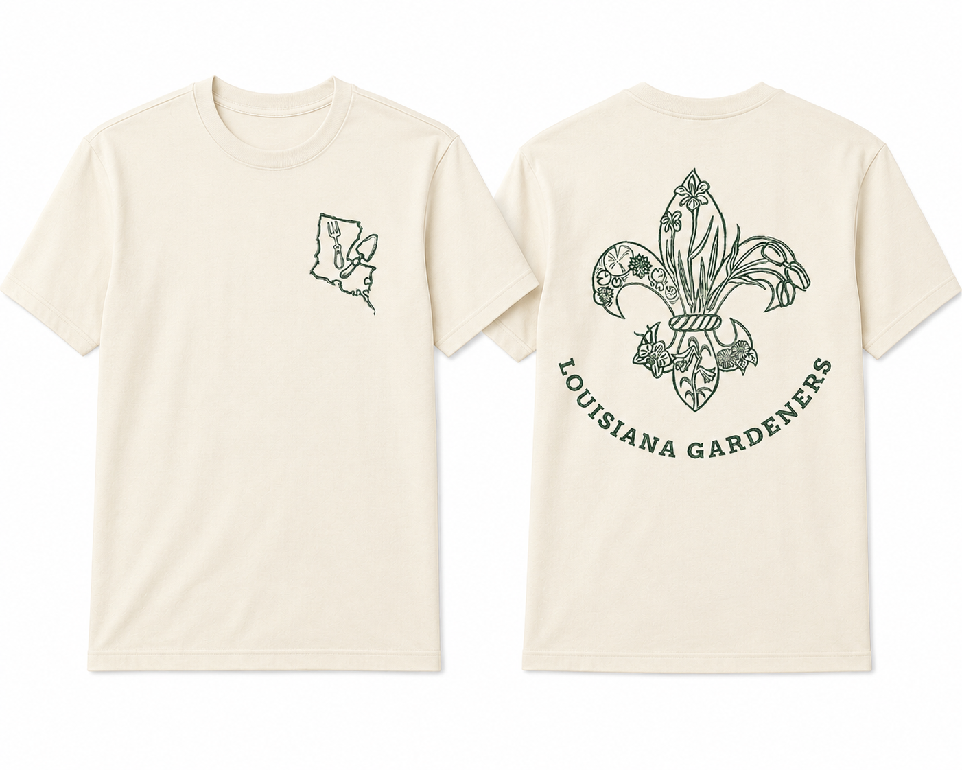 Louisiana Gardeners Block Print (Green on Creme/Natural Shirt)