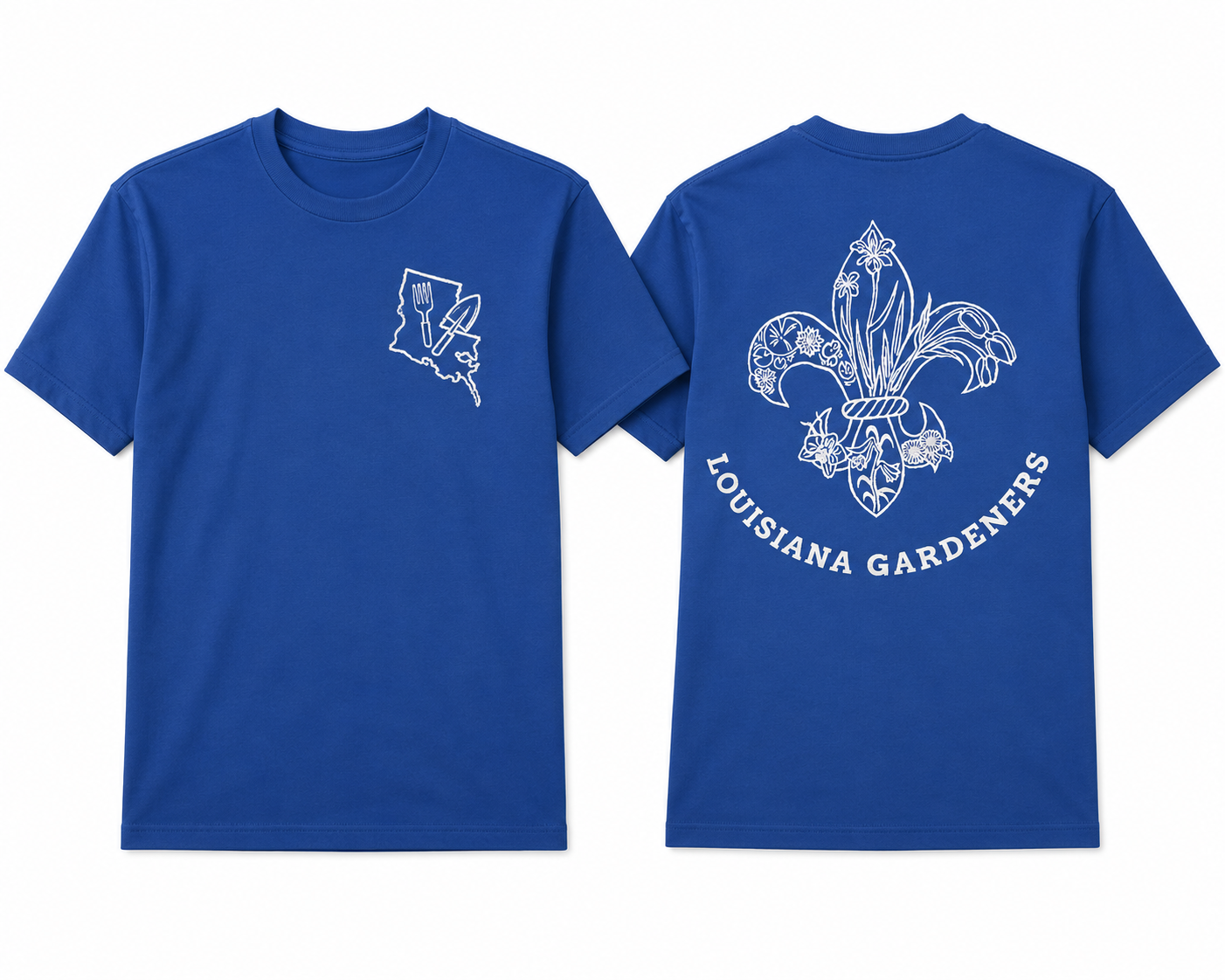 Louisiana Gardeners Block Print (White on Blue Shirt)