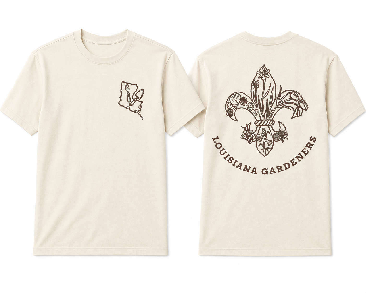 Louisiana Gardeners Block Print (Brown on Creme/Natural Shirt)