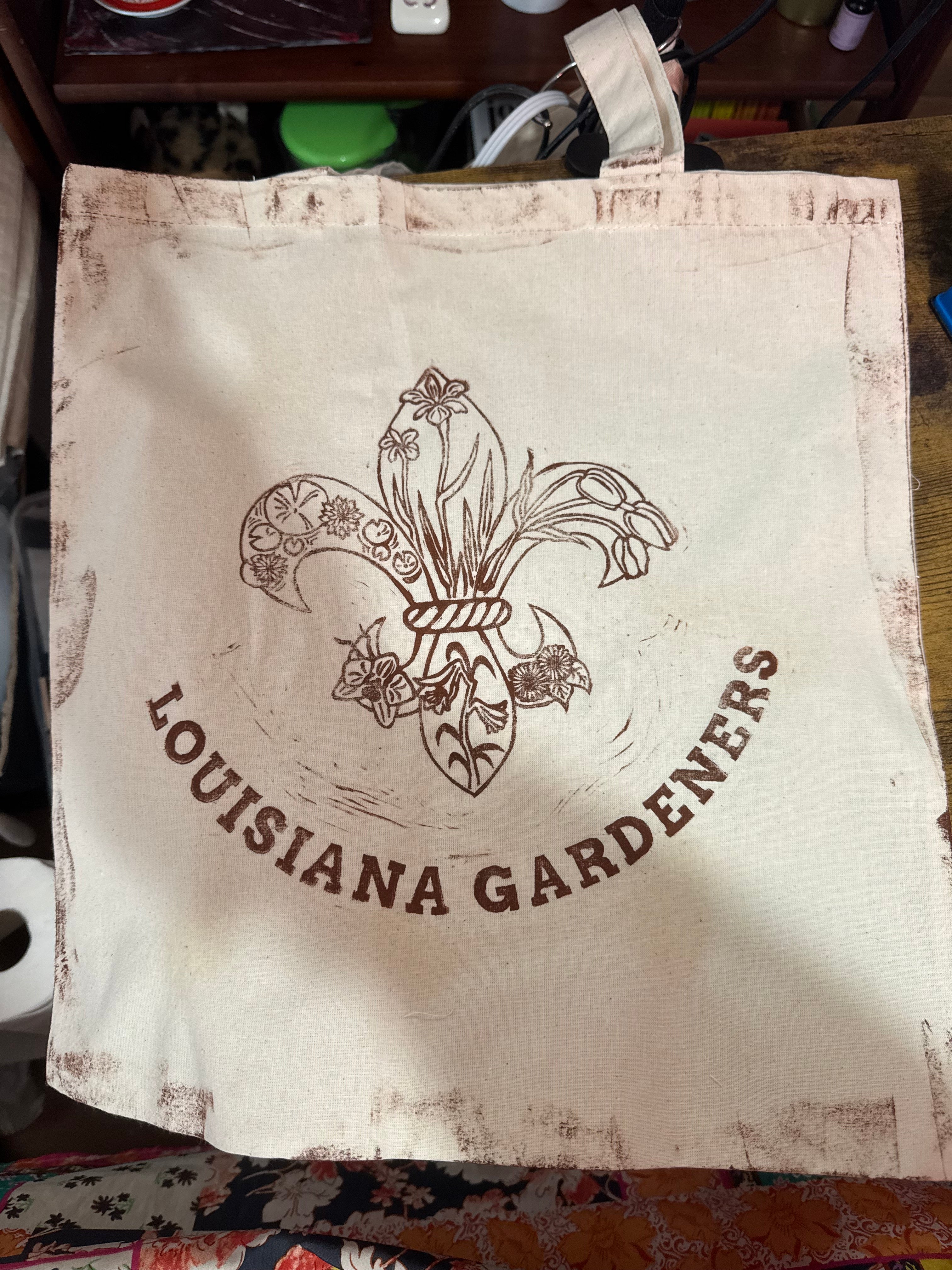 Louisiana Gardeners Block Print Creme/Natural Canvas Tote Bag